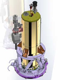 Complex gold cylindrical scientific apparatus with grey attachments and a purple base.