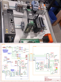 Gray, black, orange industrial control modules on DIN rail above a detailed circuit diagram.