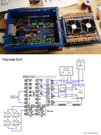 Blue electronic enclosure with circuit boards, fans, and its corresponding Thermal Grill circuit diagram.