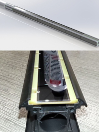 Two views: a 3D render of a long gray linear sensor track, and a close-up of a cylindrical object on circuitry inside.