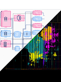 Diagonal split shows circuit block diagram and colorful yellow, teal, and magenta integrated circuit layout.
