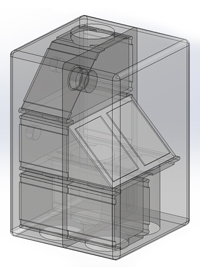 Transparent 3D CAD model of a complex rectangular device with internal angled components and circular vents.